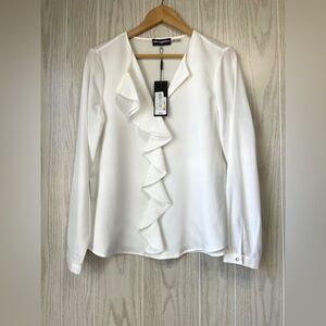 Karl Lagerfeld Top Medium Button Long Sleeve Ruffle V-Neck Chiffon White NWT